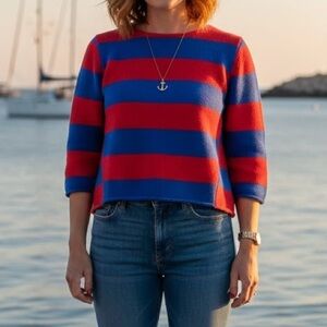 GAP 100% Cotton Striped Blue Red Boatneck Sweater Nautical Fisherman Boxy Boho